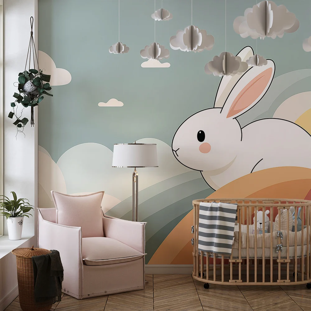 Papel de parede quarto bebê | Bonito coelho em um arco-íris pastel