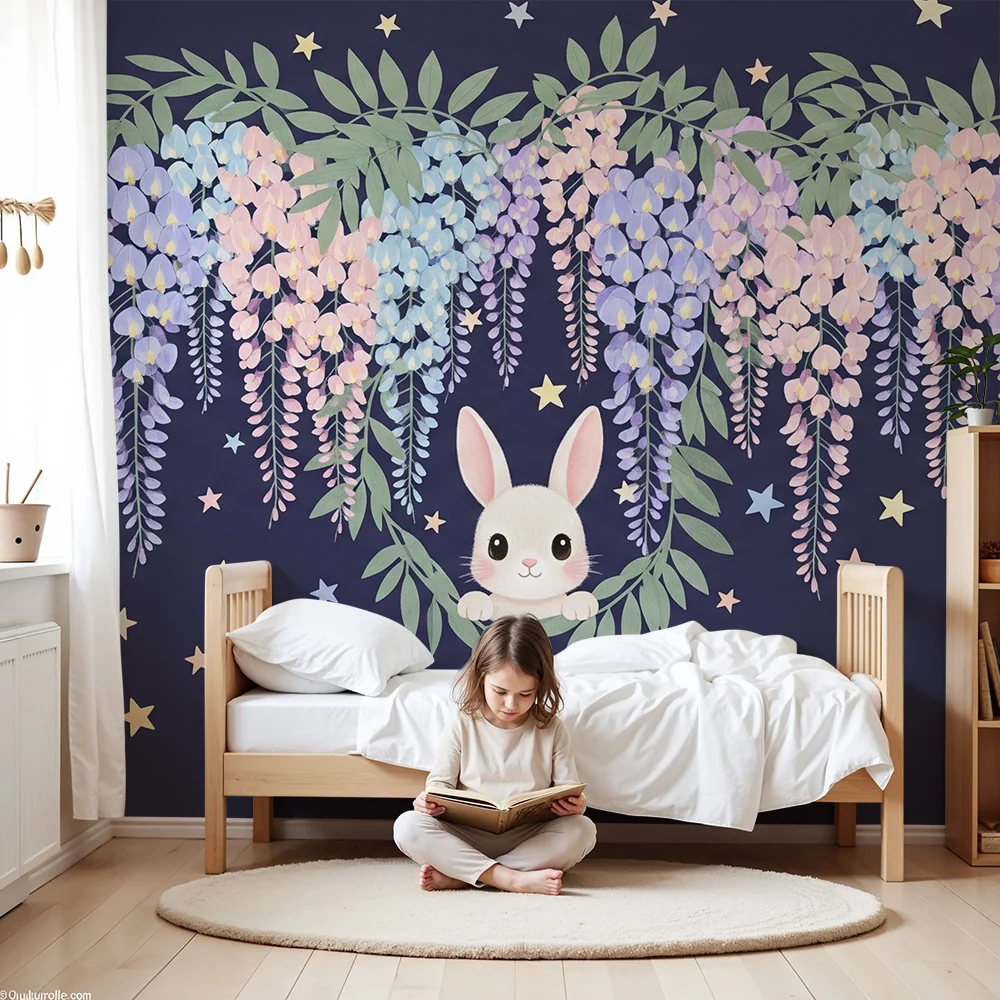 Papel de parede quarto bebê | Bonito coelho e flores estreladas