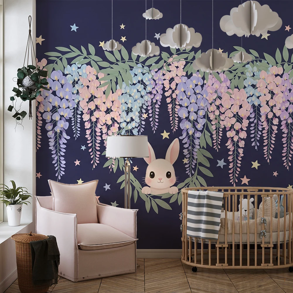 Papel de parede quarto bebê | Bonito coelho e flores estreladas