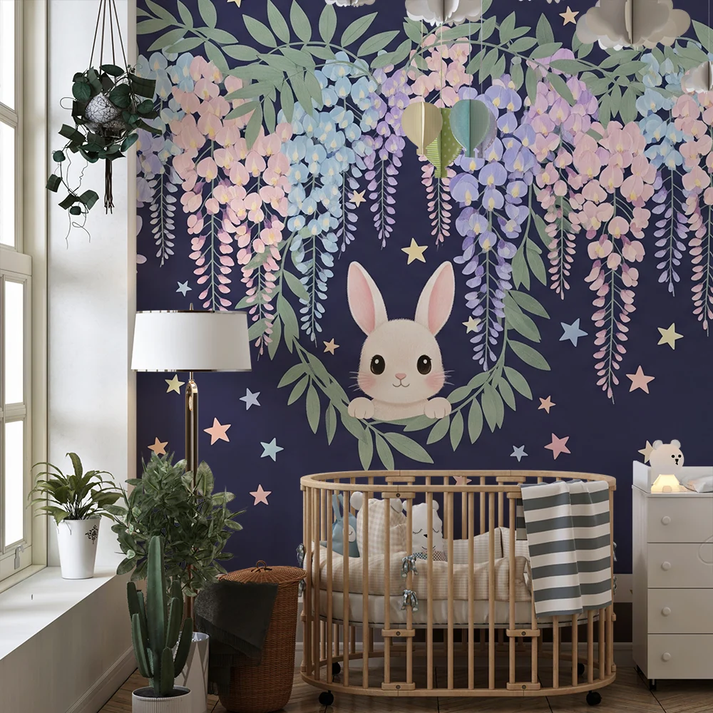 Papel de parede quarto bebê | Bonito coelho e flores estreladas