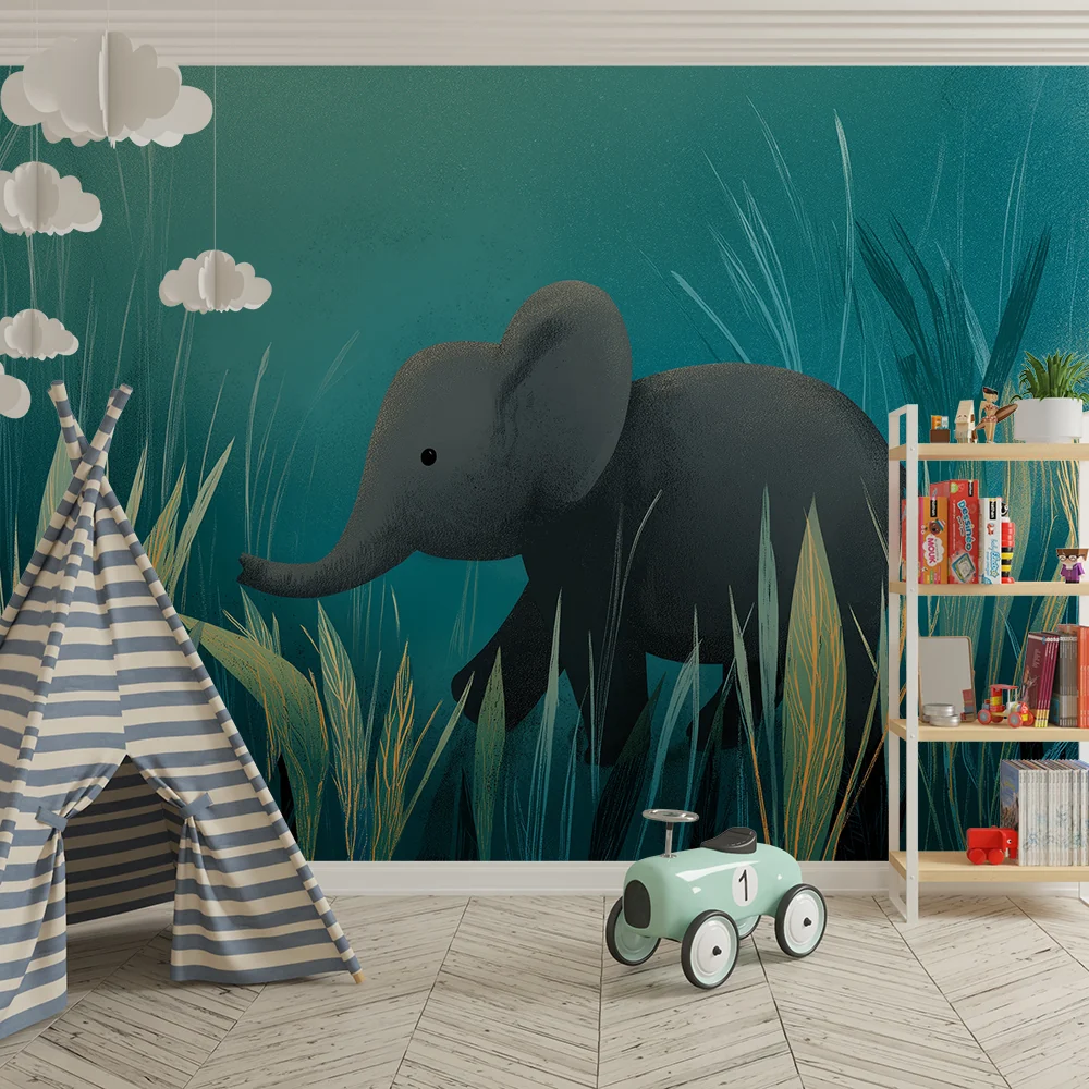 Papel de parede quarto bebê | Bonito elefante em uma selva aquática
