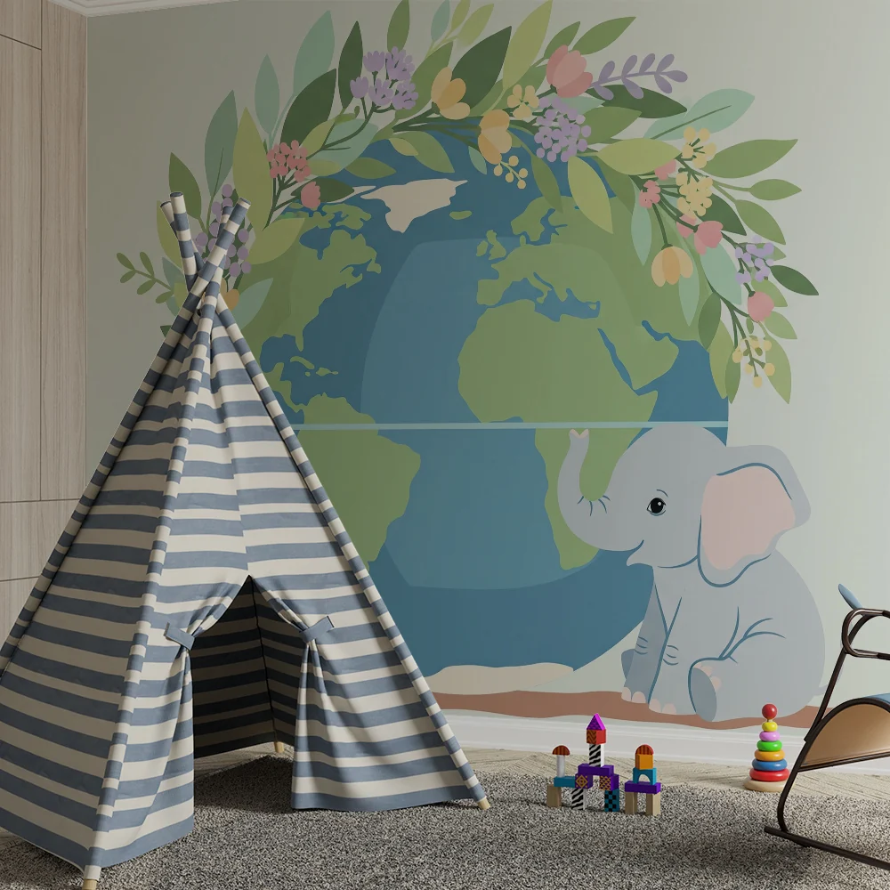 Papel de parede quarto bebê | Bonito elefante e globo terrestre floral