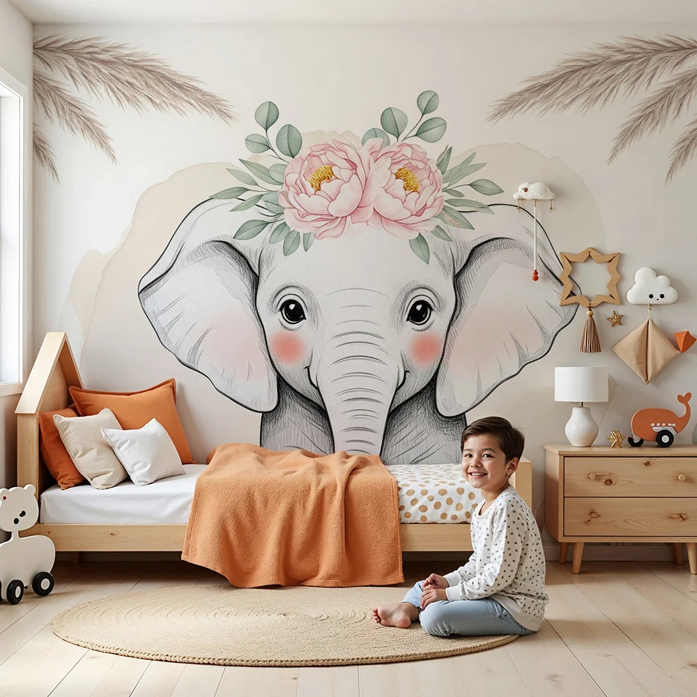 Papel de parede quarto bebê | Bonito elefante com flores