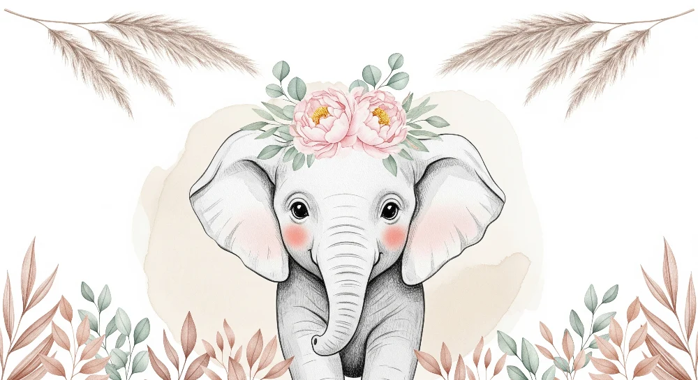 Papel de parede quarto bebê | Bonito elefante com flores