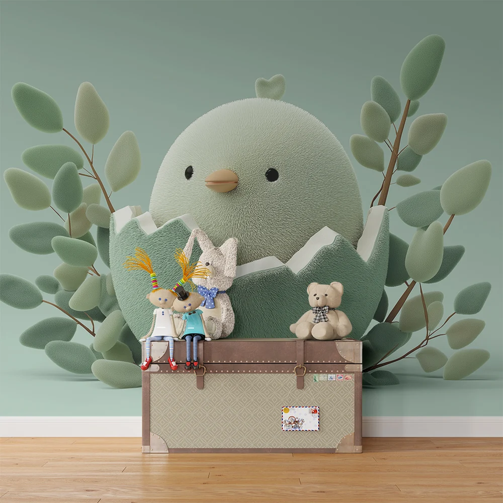 Papel de parede quarto bebê | Bonito filhote saindo do ovo com folhas delicadas