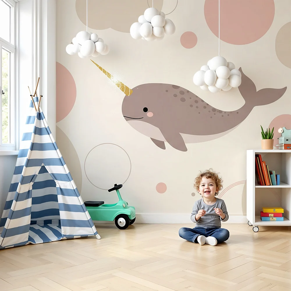 Papel de parede quarto bebê | Bonito narval com formas geométricas suaves