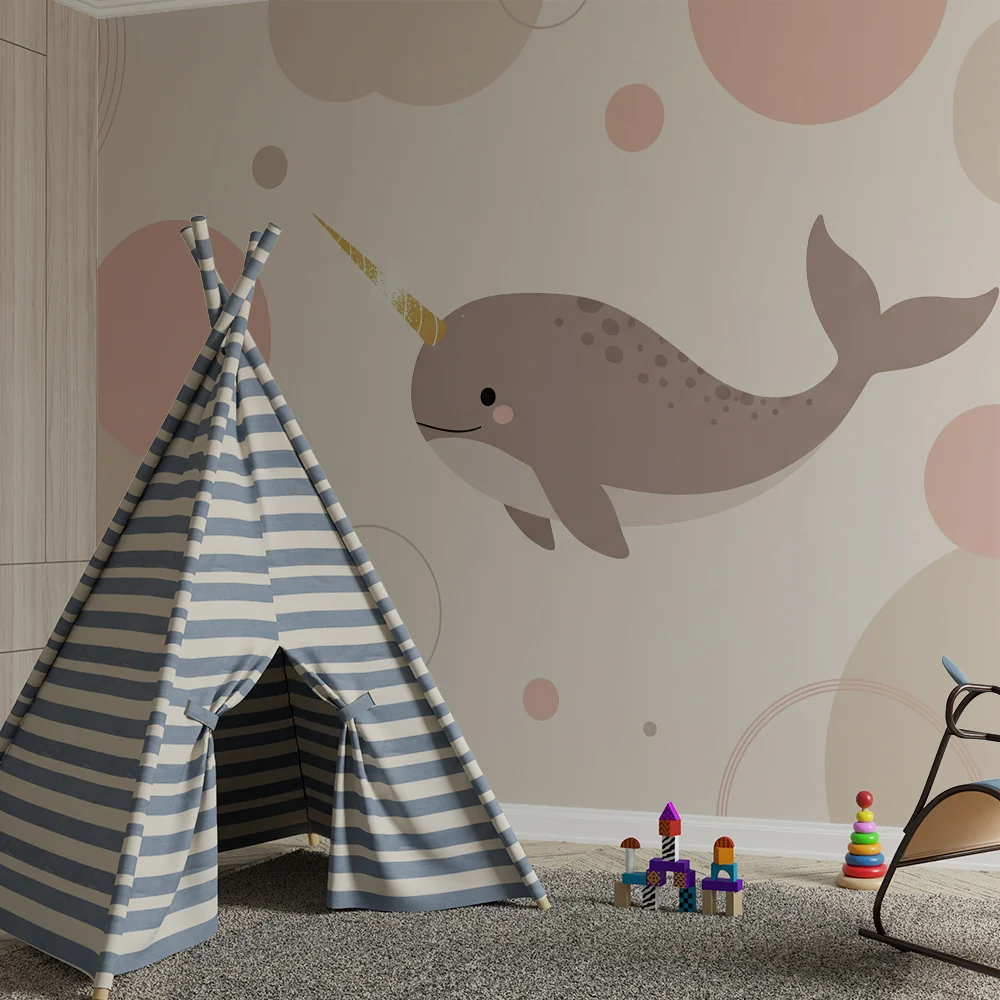 Papel de parede quarto bebê | Bonito narval com formas geométricas suaves