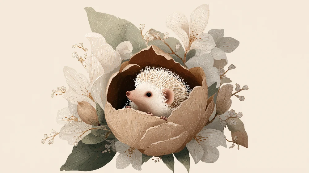 Papel de parede quarto bebê | Bonito ouriço em uma flor em tons de bege