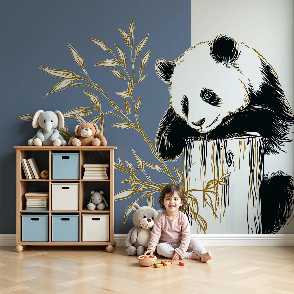 Papel de parede quarto bebê | Bonito panda em um tronco com folhagem dourada