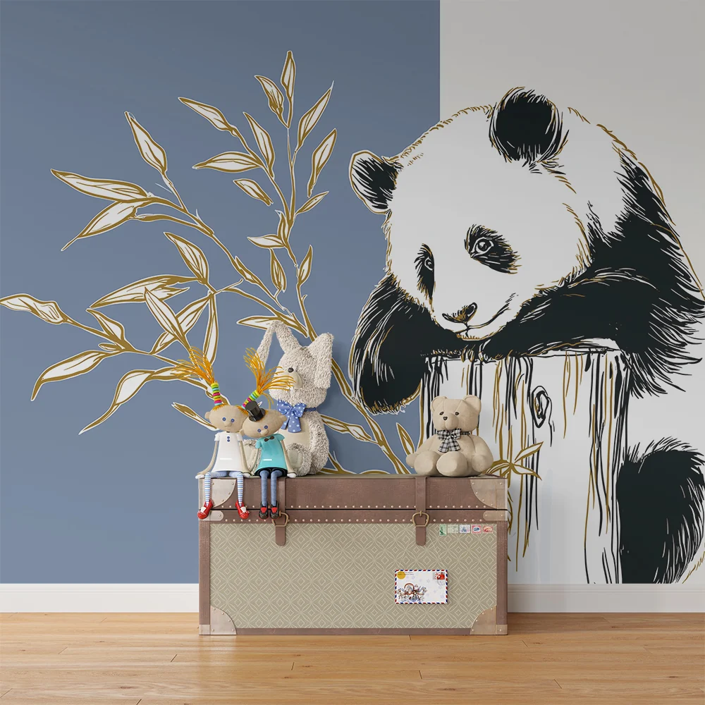Papel de parede quarto bebê | Bonito panda em um tronco com folhagem dourada