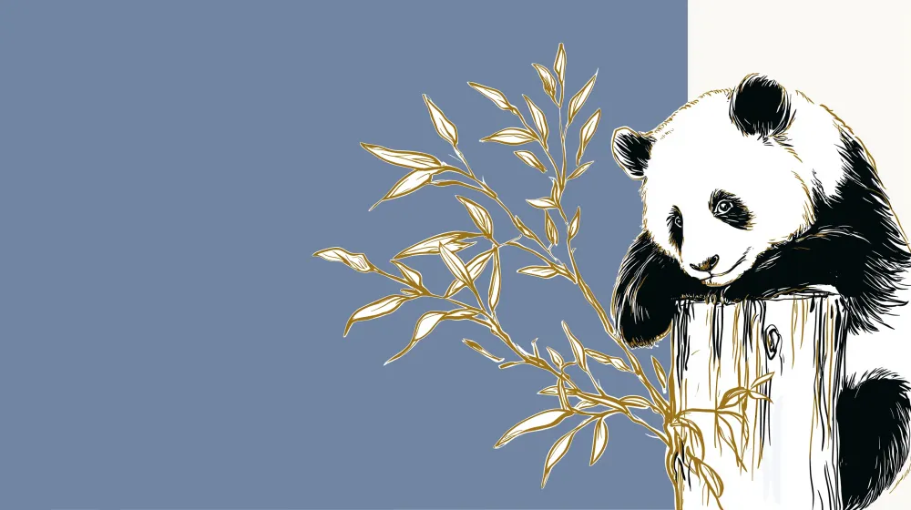 Papel de parede quarto bebê | Bonito panda em um tronco com folhagem dourada