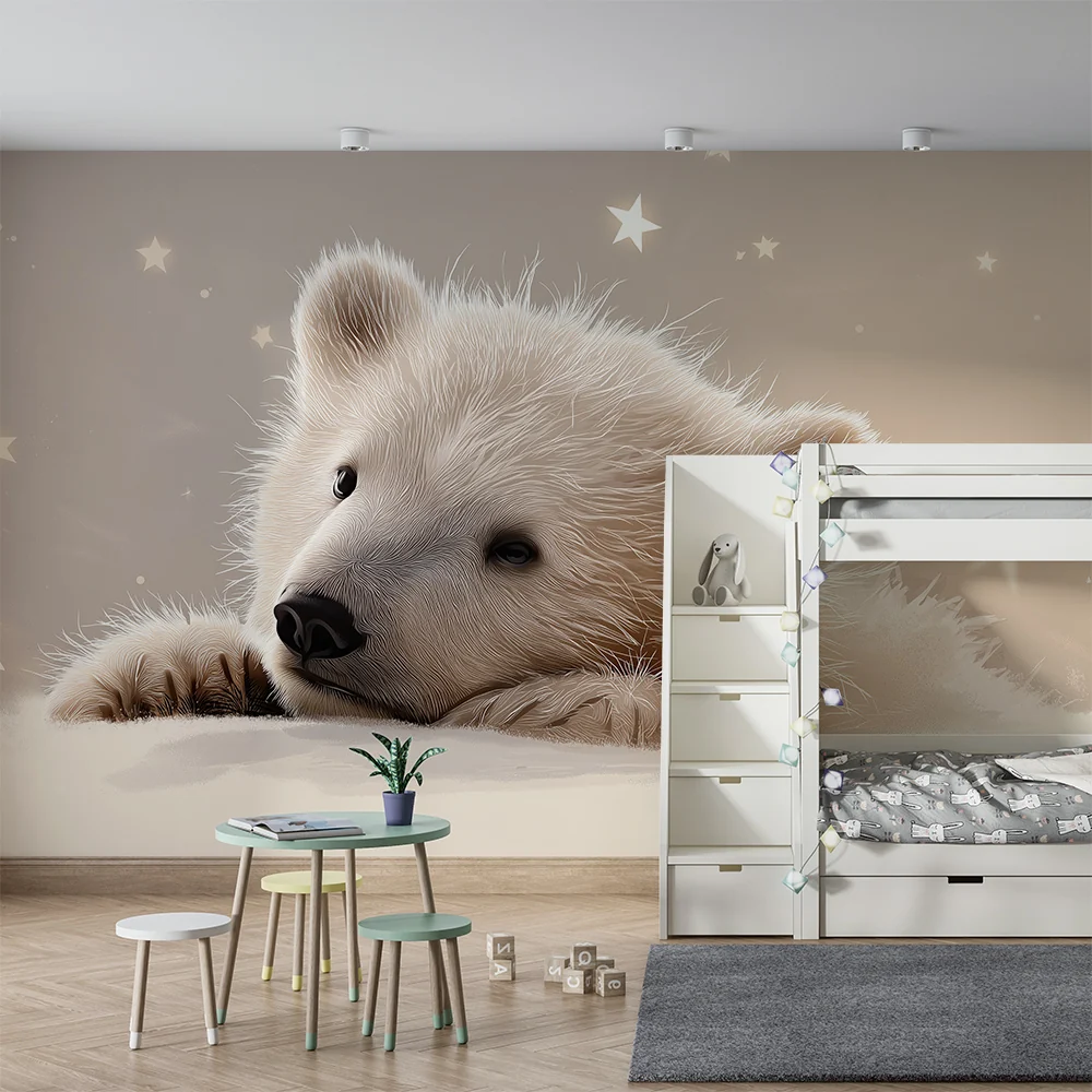 Papel de parede quarto bebê | Bonito ursinho sob um céu estrelado