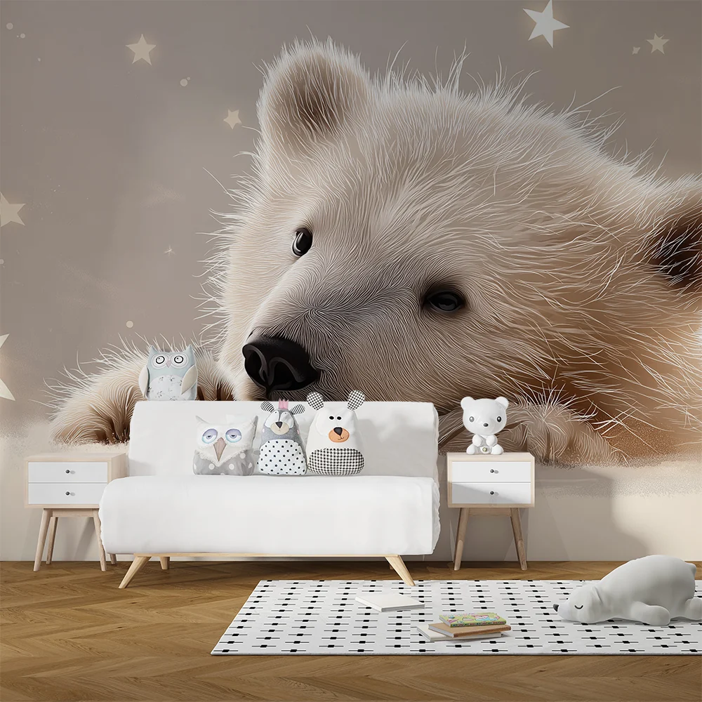 Papel de parede quarto bebê | Bonito ursinho sob um céu estrelado