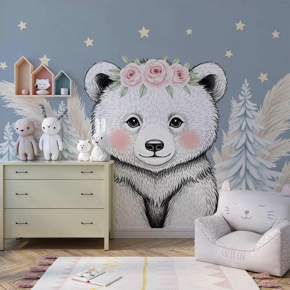 Papel de parede quarto bebê | Bonito ursinho com flores e estrelas
