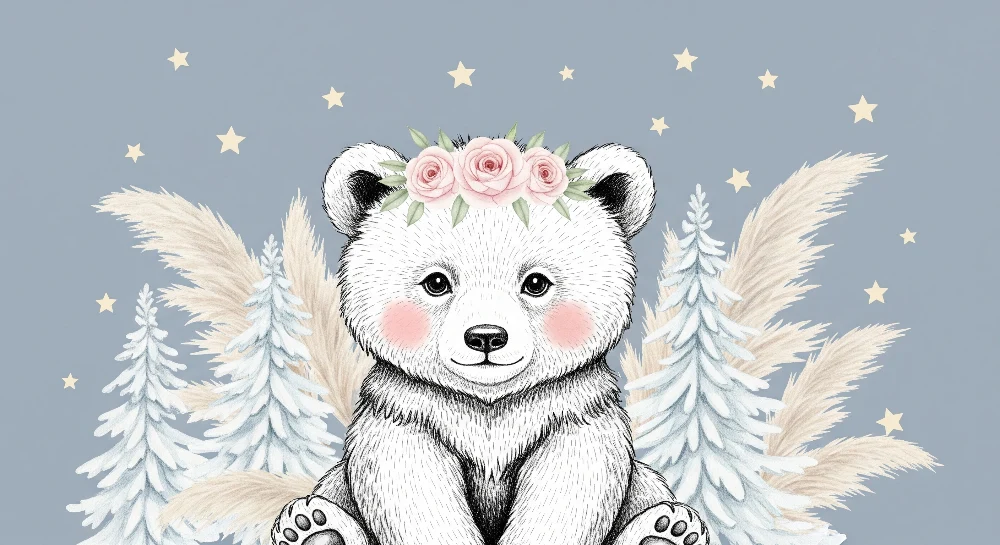 Papel de parede quarto bebê | Bonito ursinho com flores e estrelas