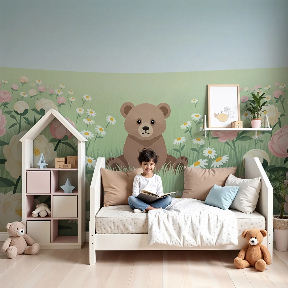 Papel de parede quarto bebê | Bonito ursinho no meio de flores pastel