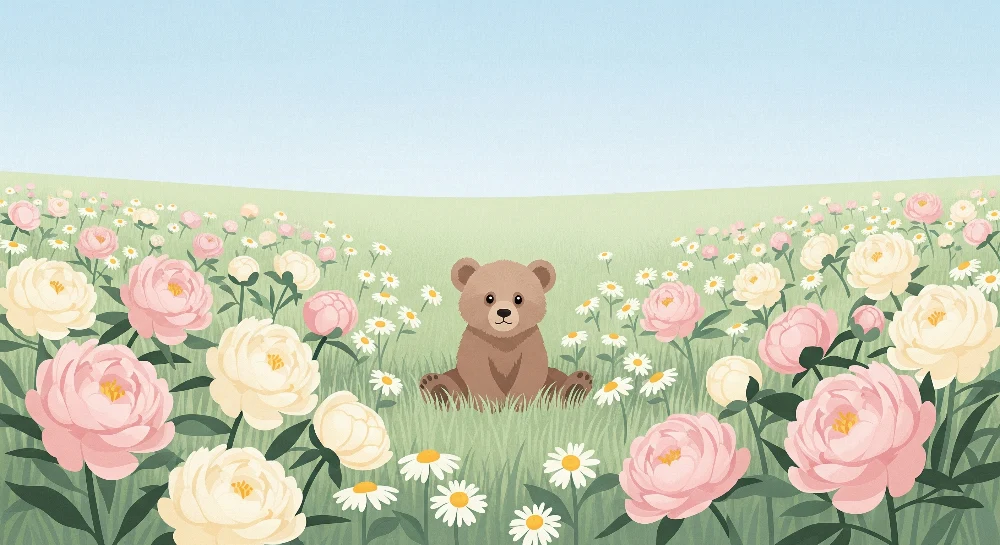Papel de parede quarto bebê | Bonito ursinho no meio de flores pastel