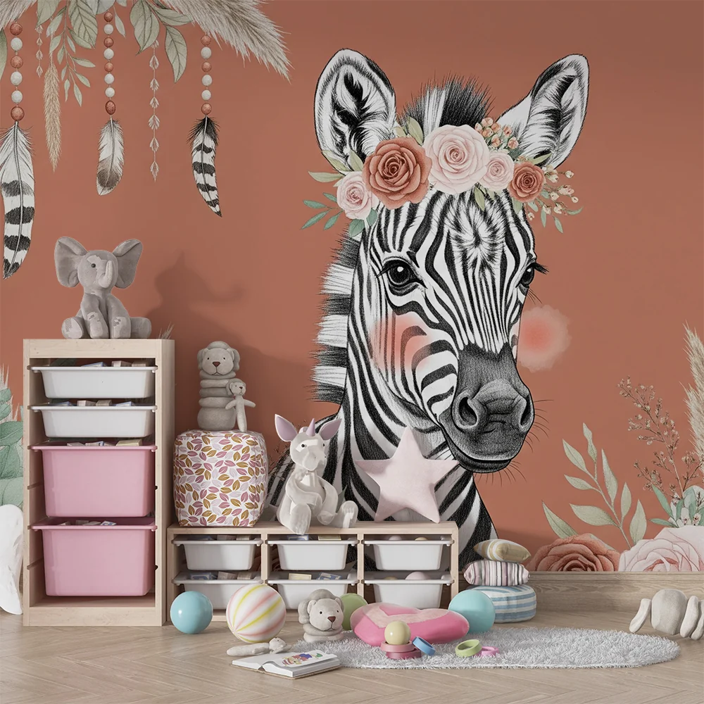 Papel de parede quarto bebê | Bonito zebra com flores e penas