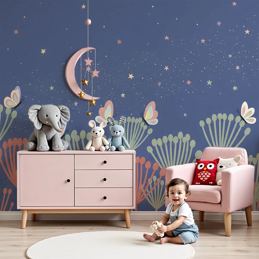 Papel de parede quarto bebê | Borboletas e flores estreladas
