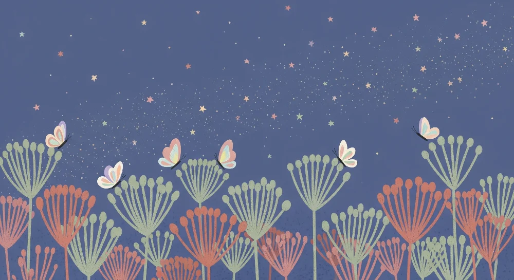 Papel de parede quarto bebê | Borboletas e flores estreladas