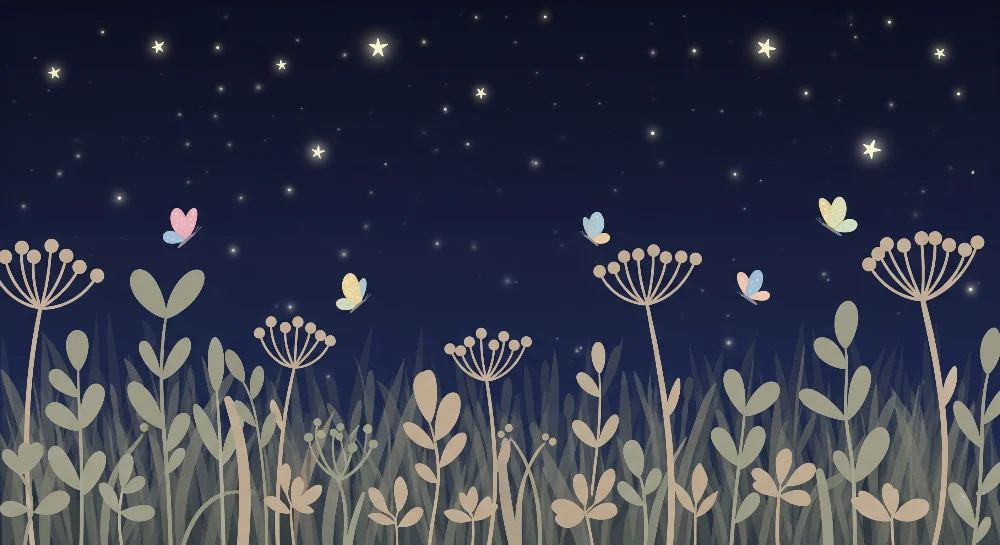 Papel de parede quarto bebê | Borboletas e flores sob as estrelas