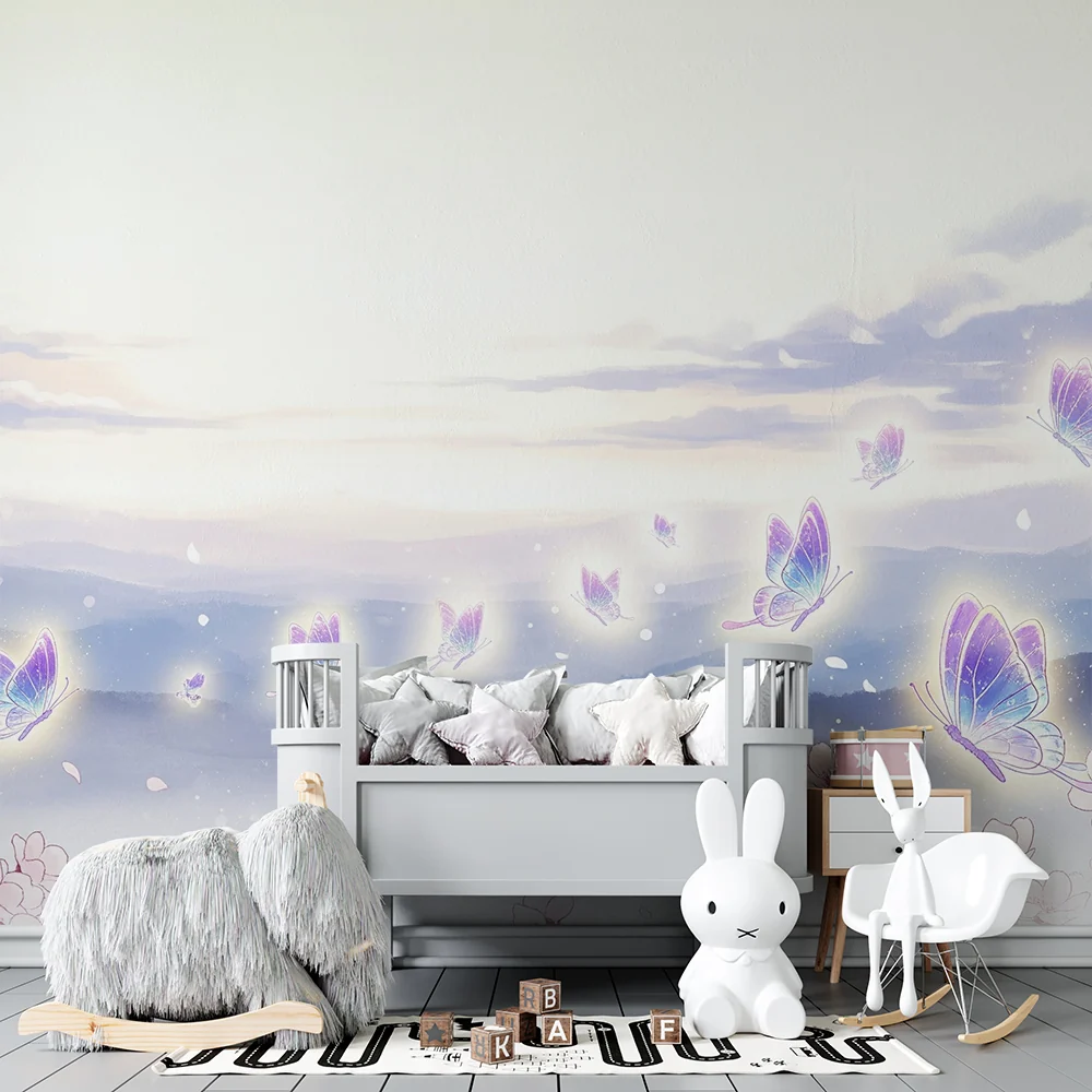 Papel de parede quarto bebê | Brilhantes borboletas e cerejeiras em flor