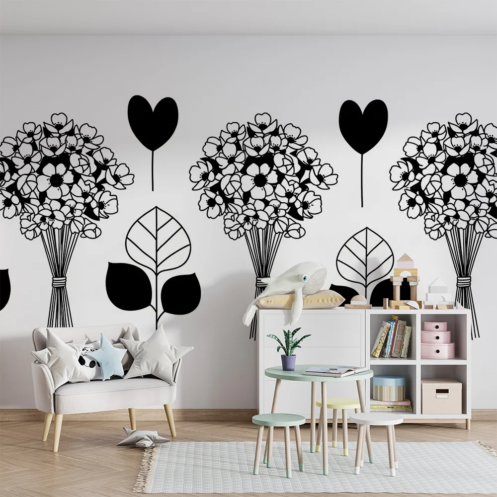 Papel de parede quarto bebê | Buquês de flores e corações em preto e branco
