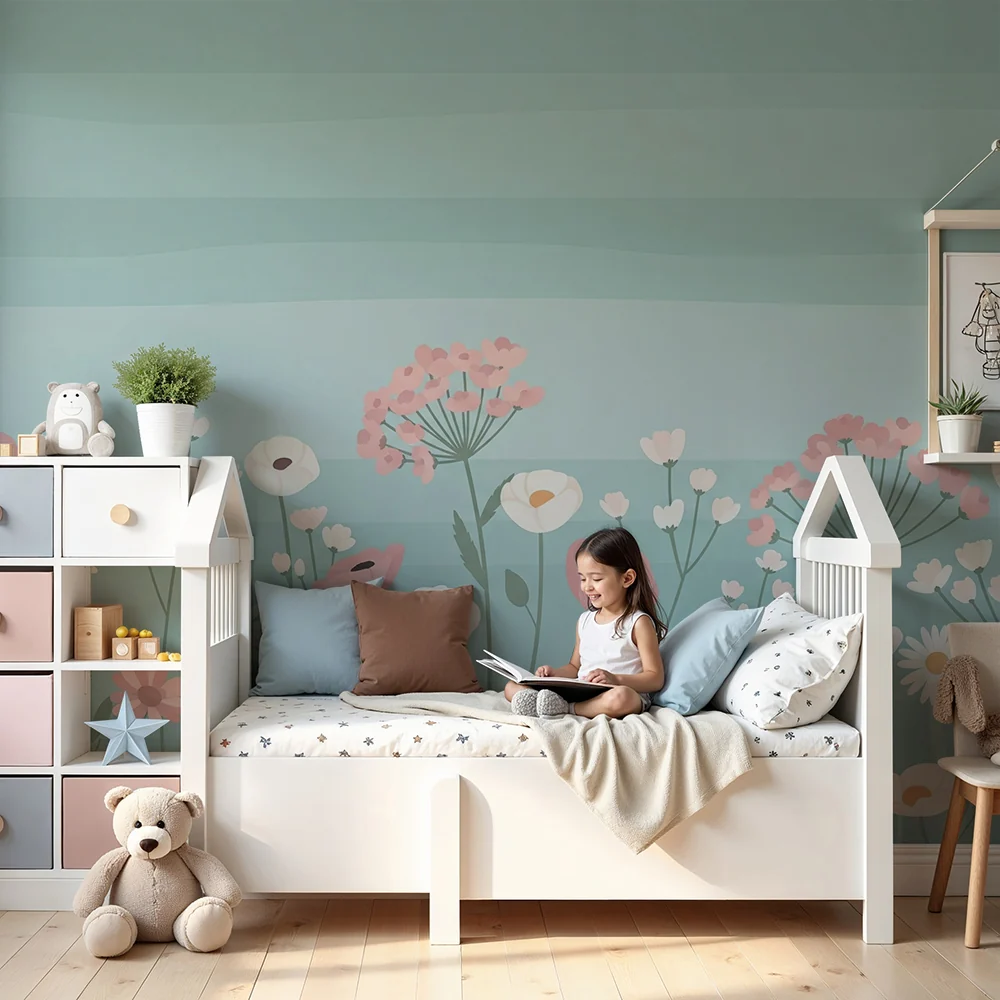 Papel de parede quarto bebê | Campo de flores suaves e calmantes