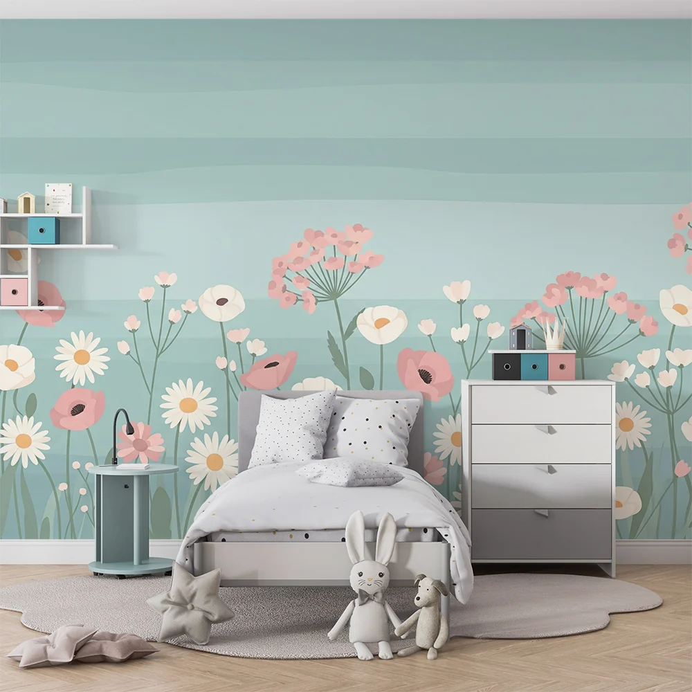 Papel de parede quarto bebê | Campo de flores suaves e calmantes