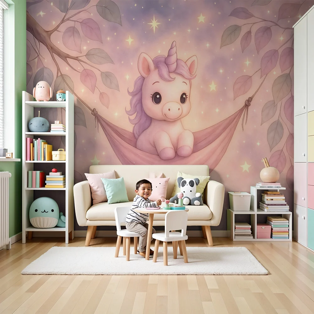Papel de parede quarto bebê | Celestial unicorn and sparkling stars