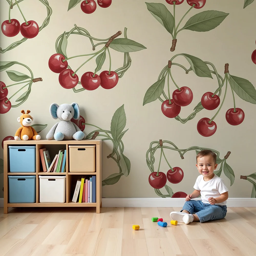 Papel de parede quarto bebê | Cerejas delicadas em fundo creme