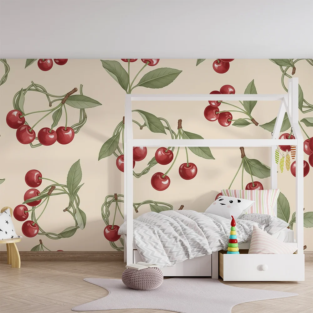 Papel de parede quarto bebê | Cerejas delicadas em fundo creme