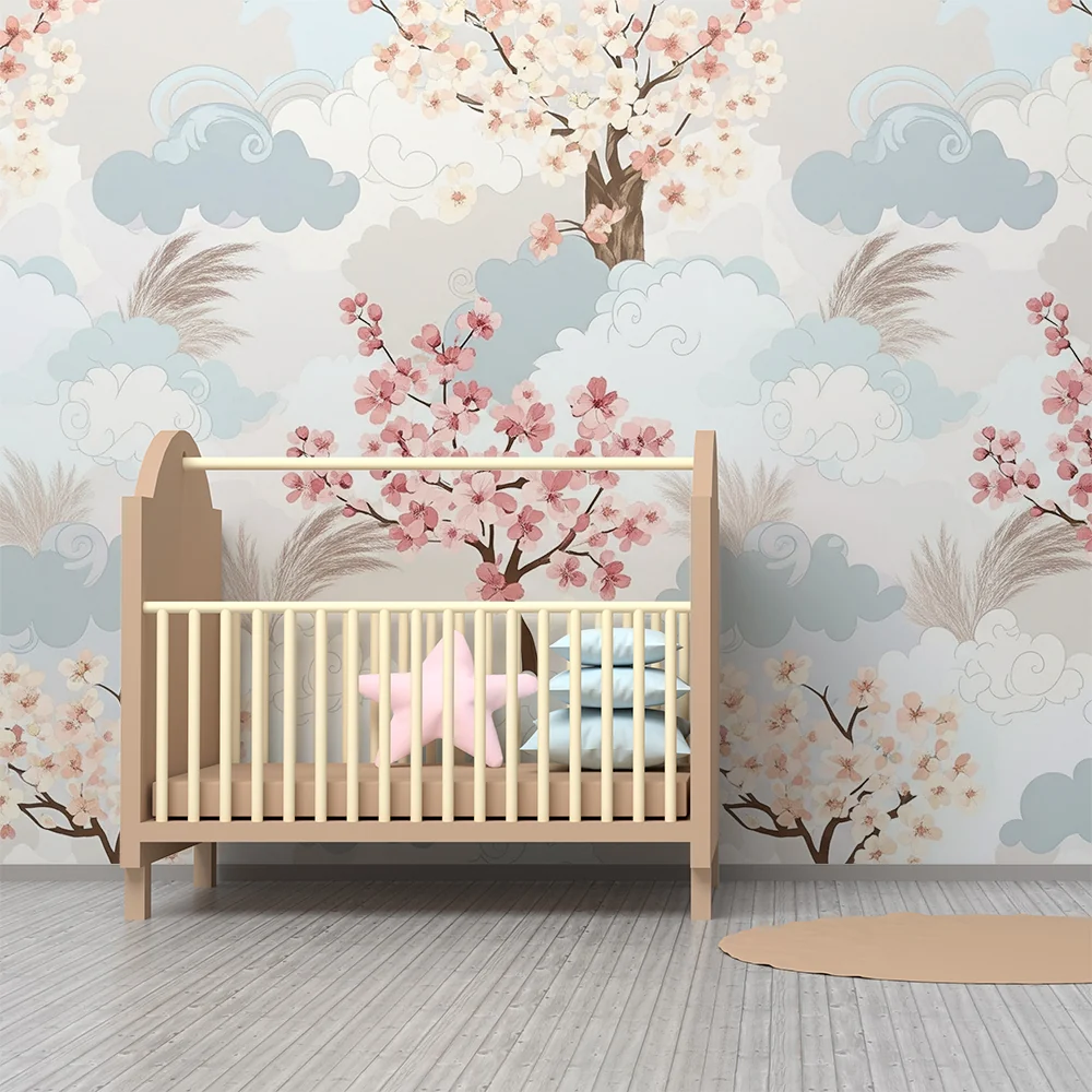 Papel de parede quarto bebê | Cerejeiras em flor e nuvens suaves em tons pastel