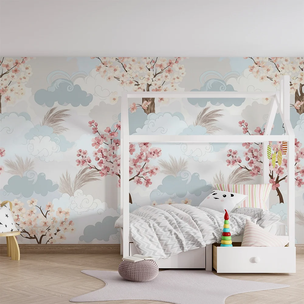 Papel de parede quarto bebê | Cerejeiras em flor e nuvens suaves em tons pastel