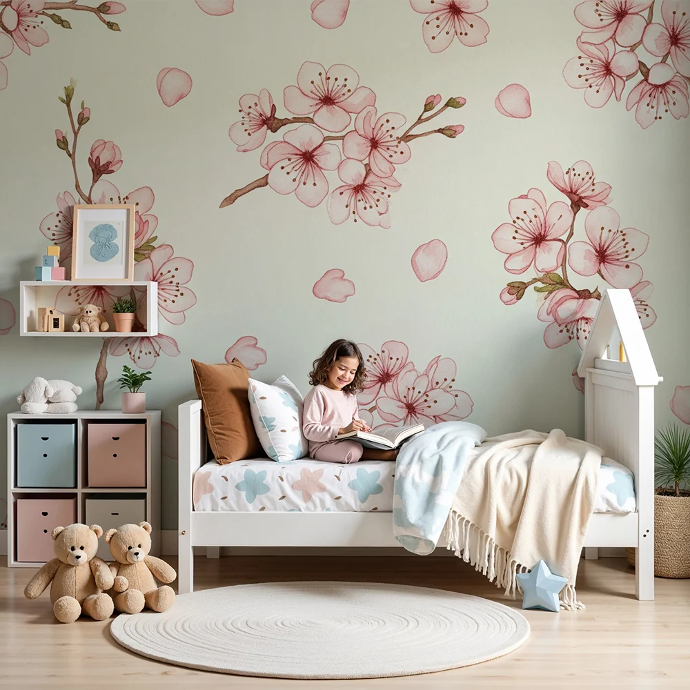 Papel de parede quarto bebê | Cerejeiras em fundo creme
