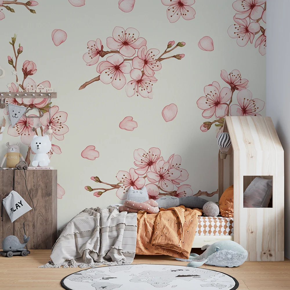 Papel de parede quarto bebê | Cerejeiras em fundo creme