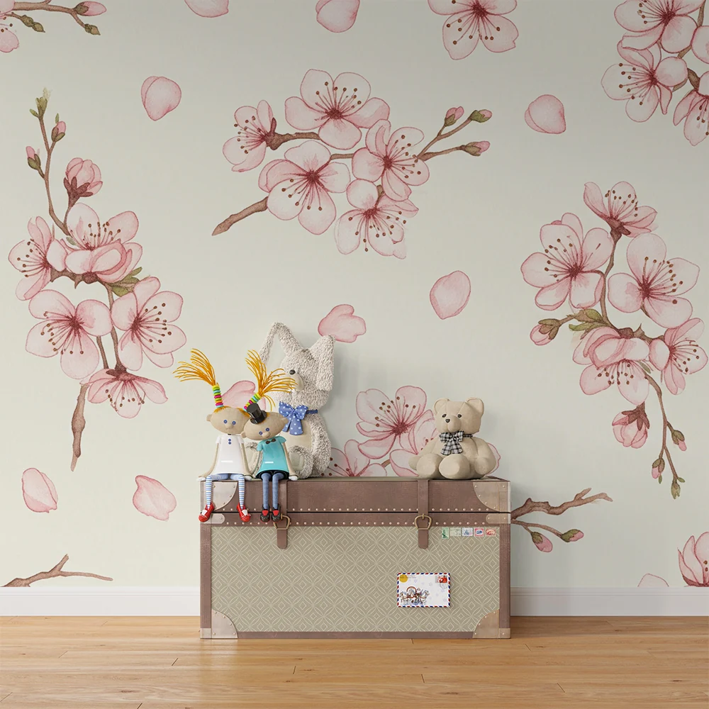 Papel de parede quarto bebê | Cerejeiras em fundo creme