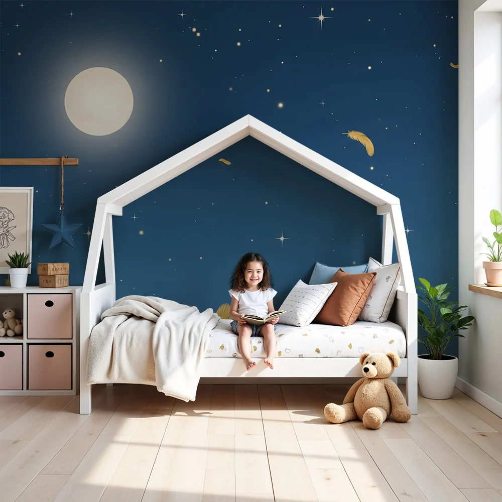 Papel de parede quarto bebê | Chuva de estrelas e penas douradas sob lua