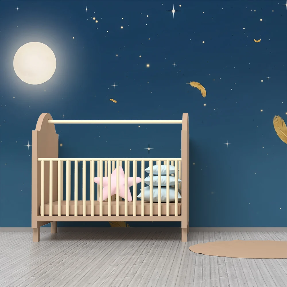 Papel de parede quarto bebê | Chuva de estrelas e penas douradas sob lua