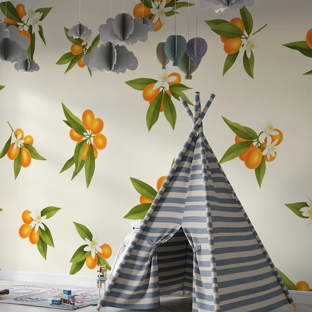 Papel de parede quarto bebê | Citrus padrões com flores brancas e folhagem verde