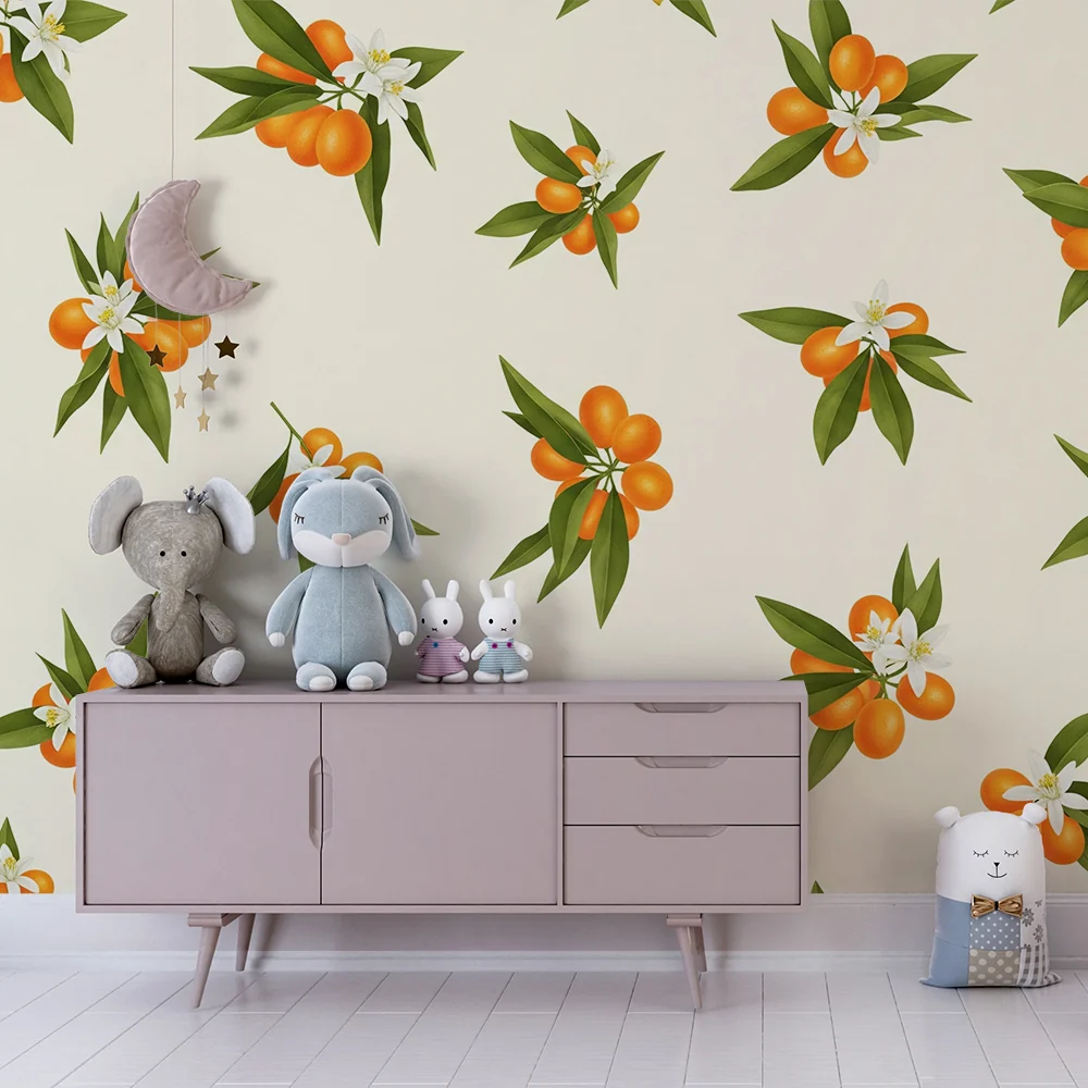 Papel de parede quarto bebê | Citrus padrões com flores brancas e folhagem verde