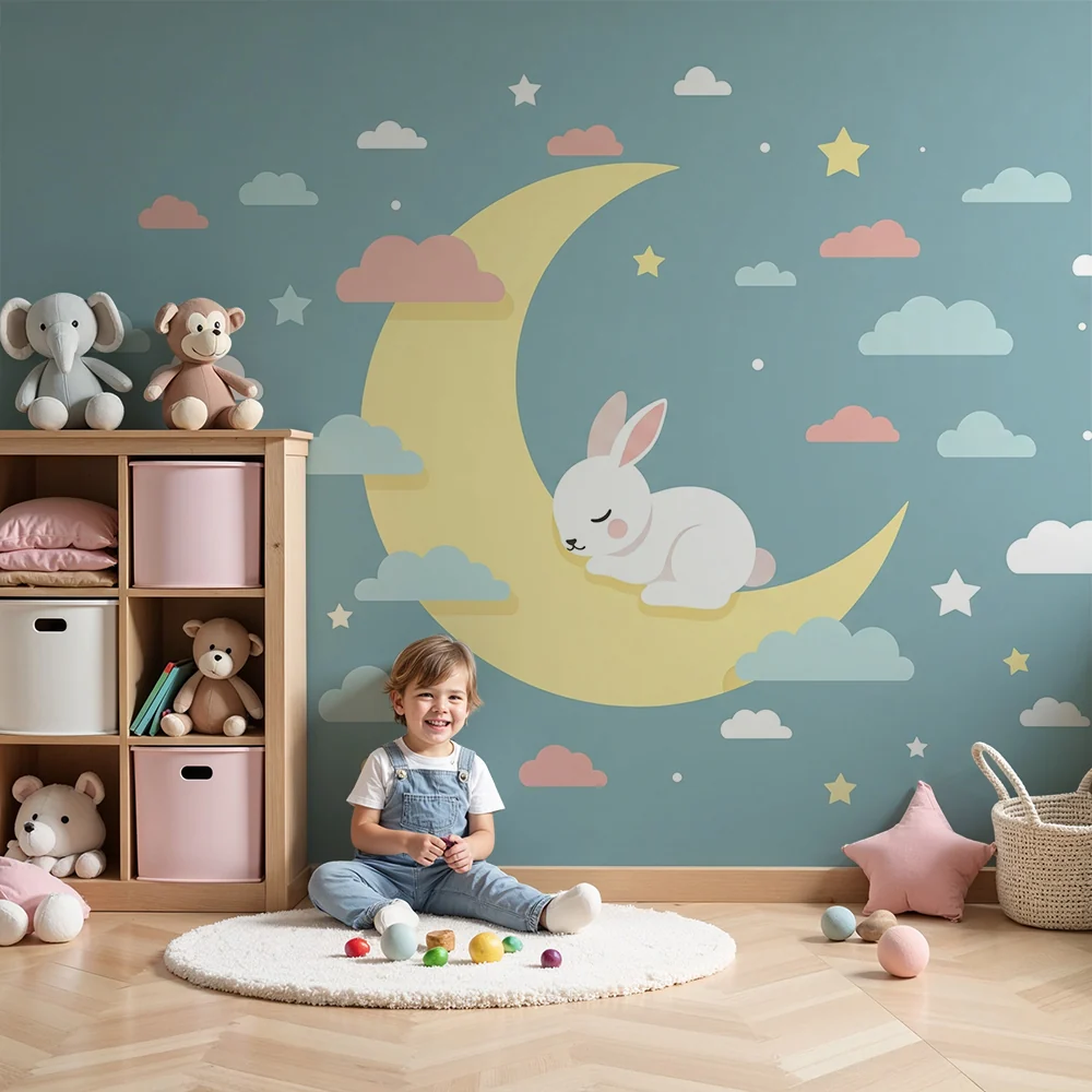 Papel de parede quarto bebê | Coelho adormecido em um crescente de lua com nuvens suaves