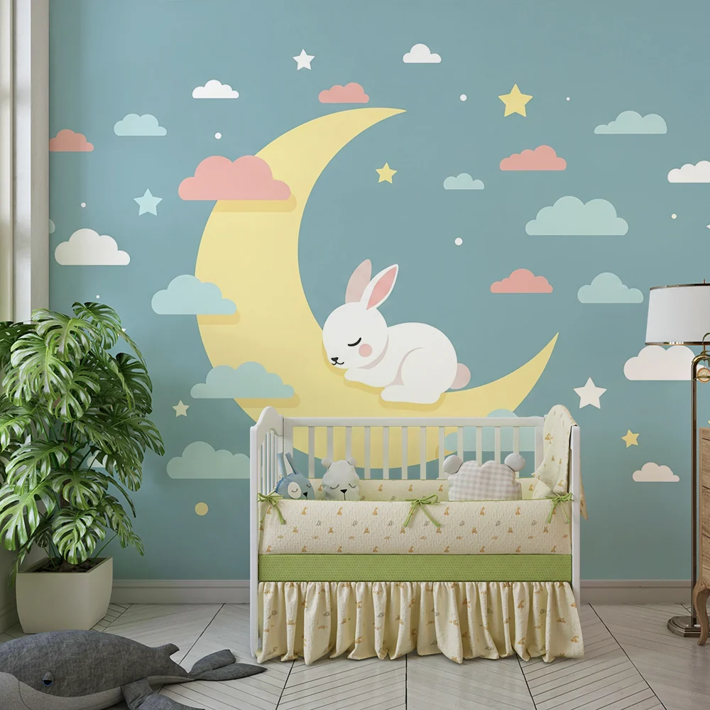 Papel de parede quarto bebê | Coelho adormecido em um crescente de lua com nuvens suaves