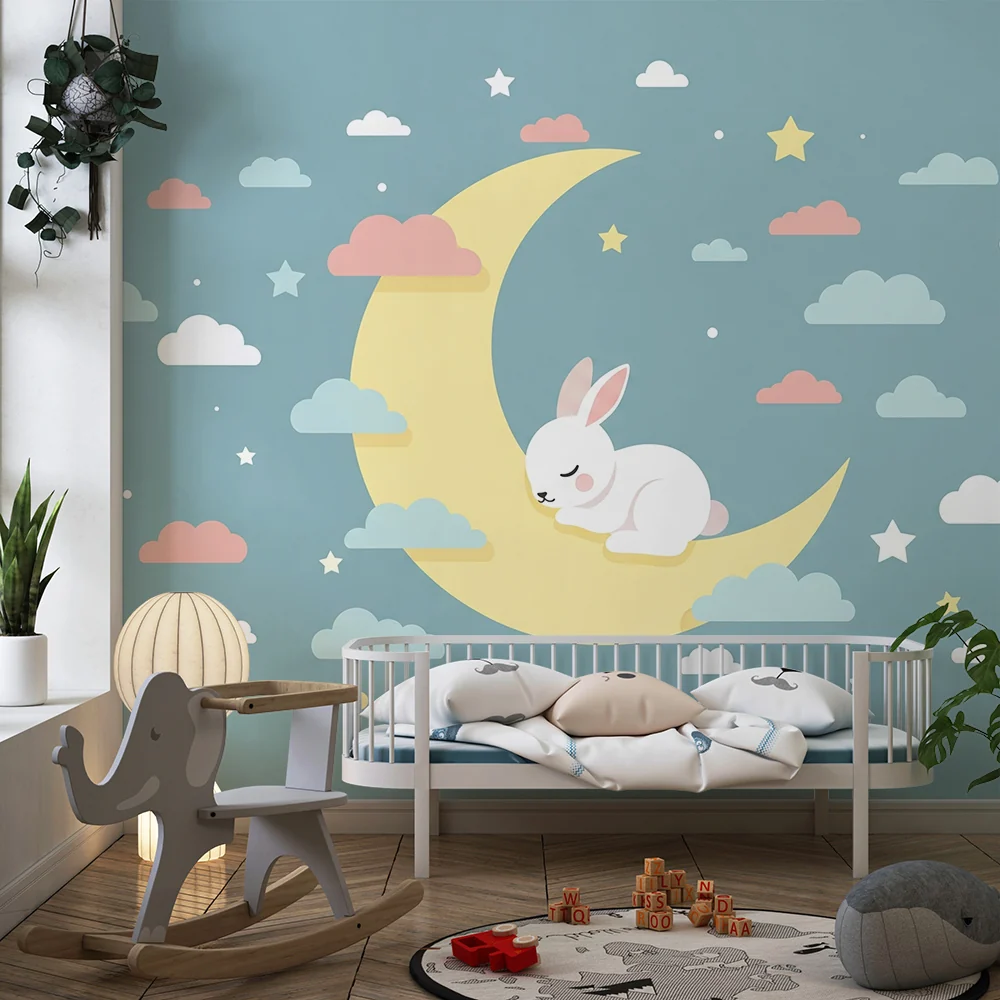 Papel de parede quarto bebê | Coelho adormecido em um crescente de lua com nuvens suaves