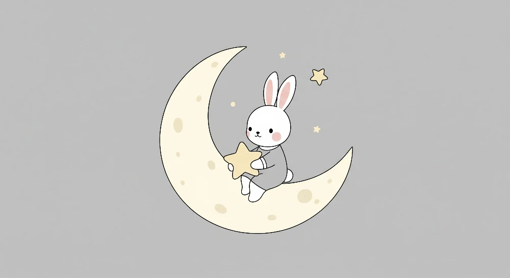 Papel de parede quarto bebê | Coelho bonito em uma lua com estrelas