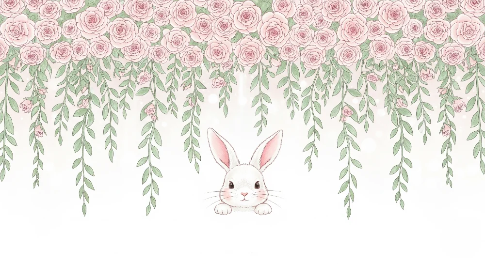 Papel de parede quarto bebê | Coelho bonito e rosas delicadas