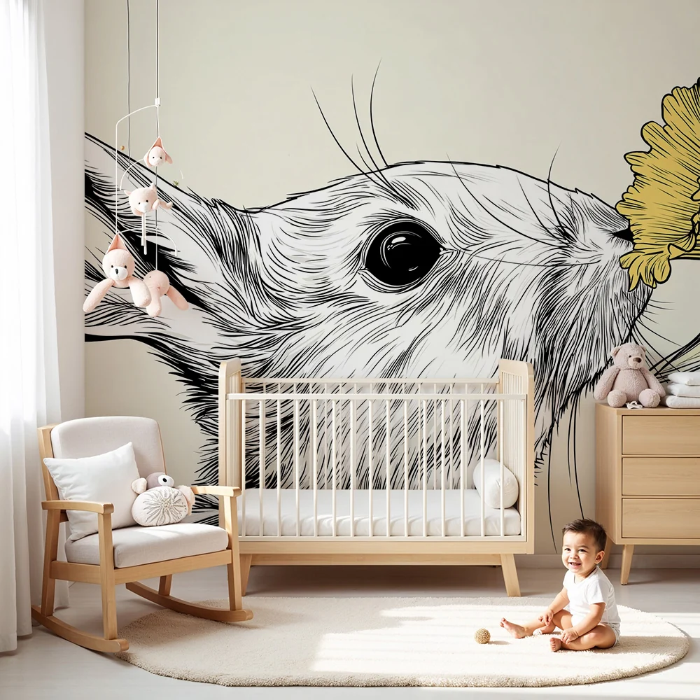 Papel de parede quarto bebê | Coelho delicado e narciso em fundo suave