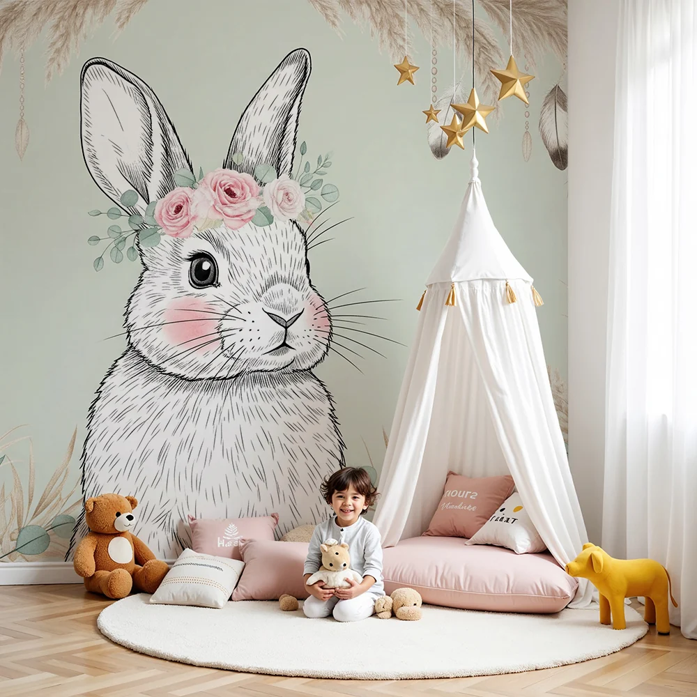 Papel de parede quarto bebê | Coelho delicado com flores e penas