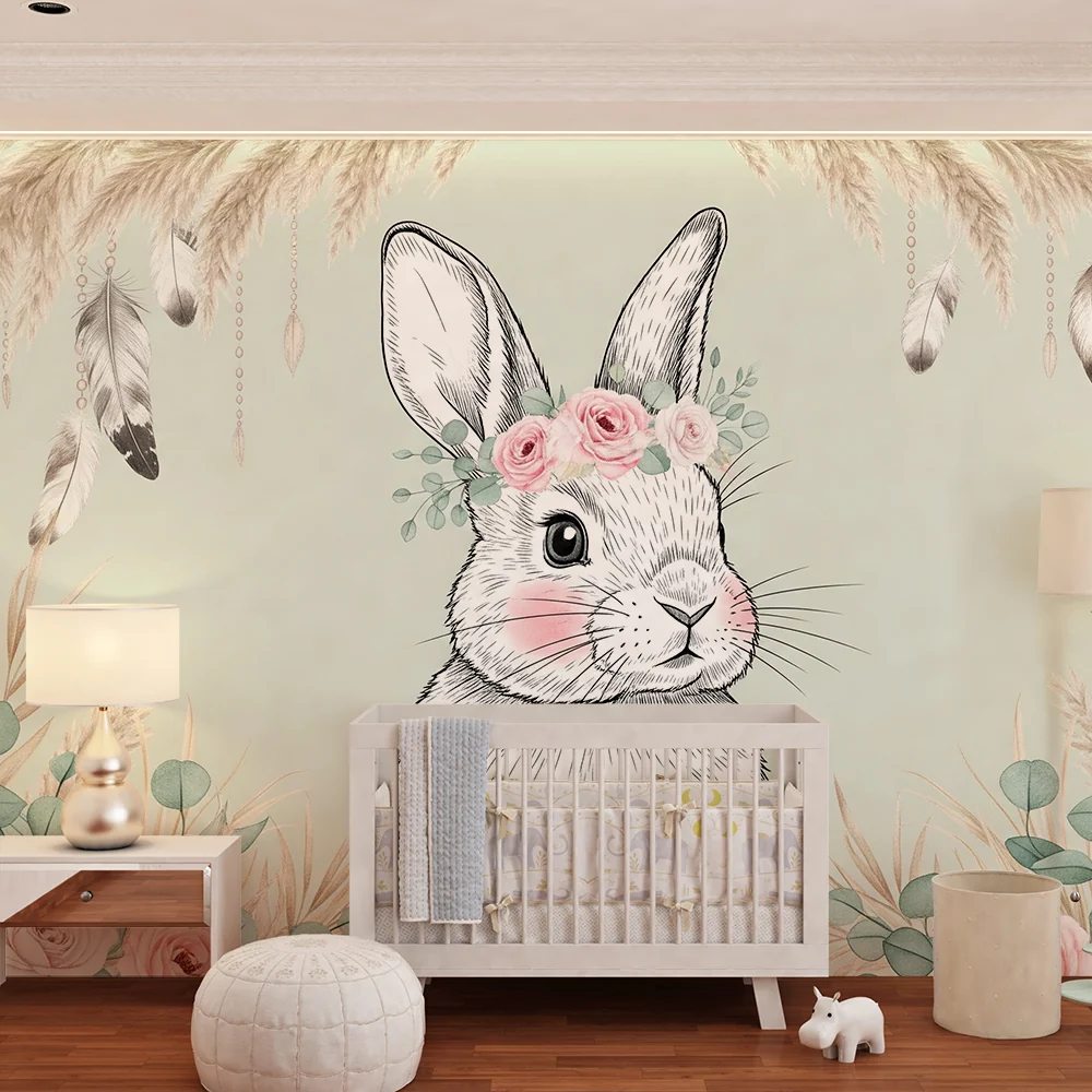 Papel de parede quarto bebê | Coelho delicado com flores e penas