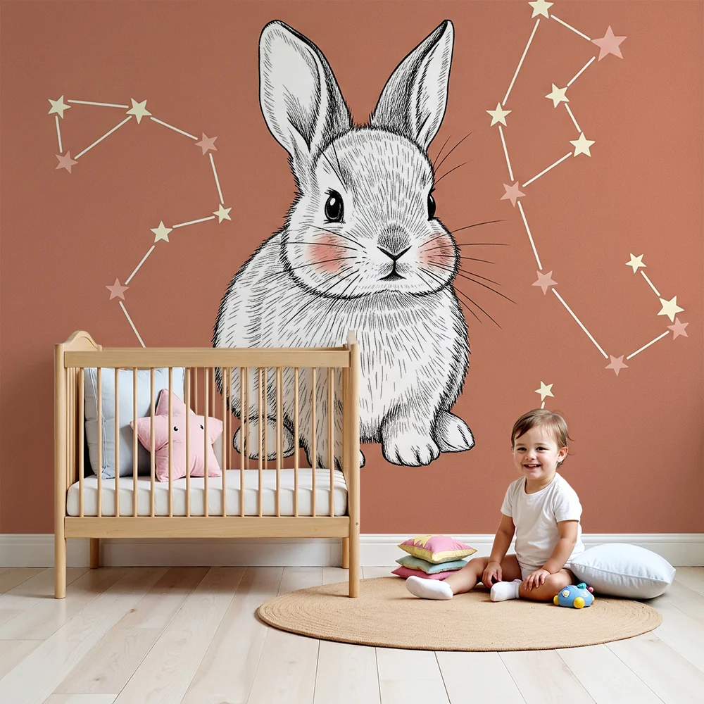 Papel de parede quarto bebê | Coelho fofo e constelações estreladas